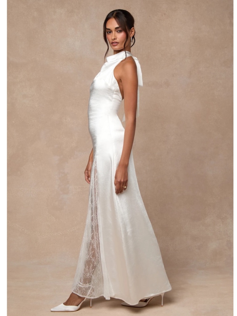 Lulus Concetta Ivory Satin Lace-Slit Tie-Halter Bridal Maxi Dress Medium Beach